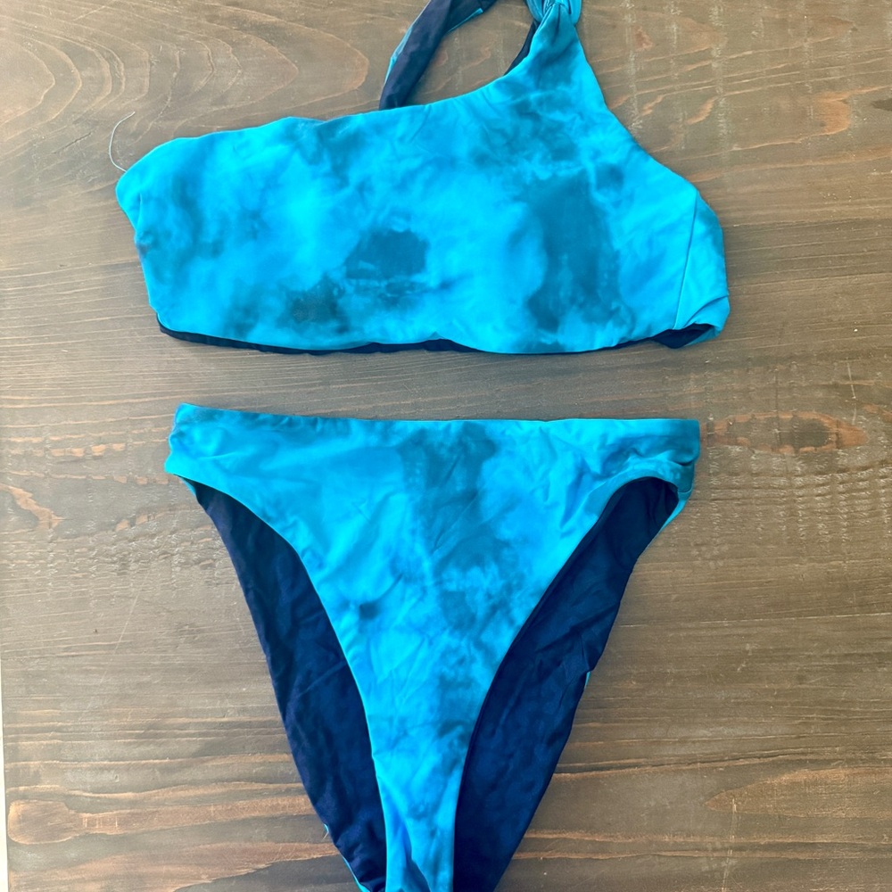Blue Asymmetrical Tie-Dye Bikini Swim 3 piece Set